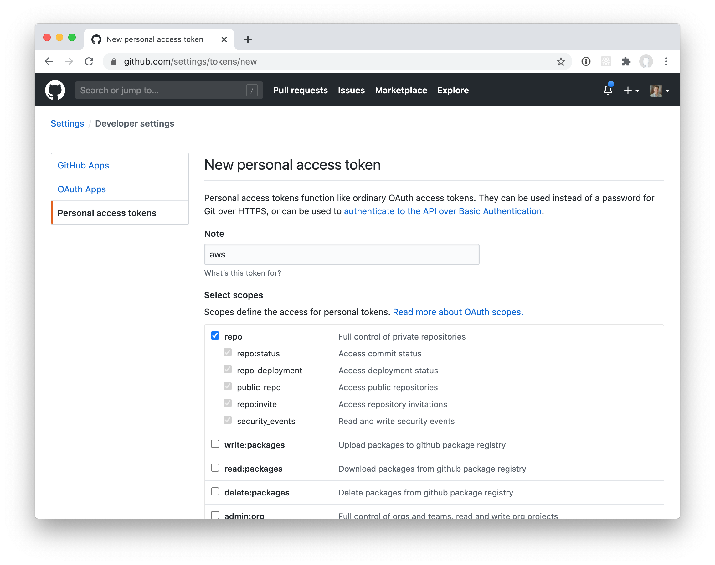 Personal access token configuration