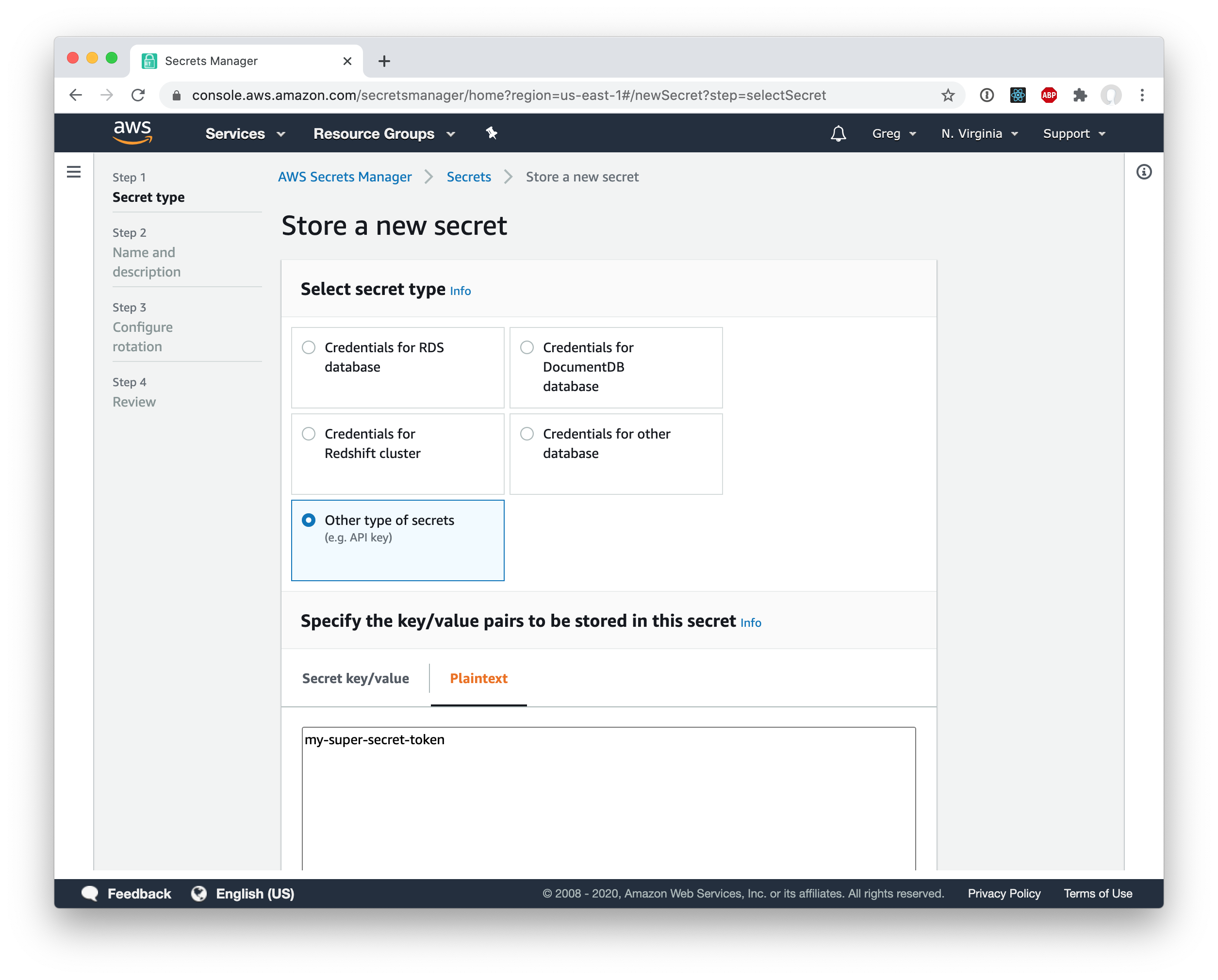 AWS Secrets Manager configuration for github token